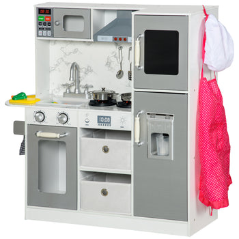 Play Kitchen Set for Kids W/ Lights Sounds, Apron and Chef Hat, White