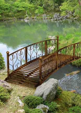7' Metal Arch Garden Bridge Arc Footbridge with Side Railings Decorative Scrollwork, Bronze