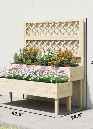 2-Tier Raised Garden Bed with Trellis, Elevated Planter Box for Climbing Plants, Natural
