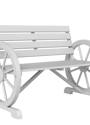 41" Wooden Wagon Wheel Bench, Rustic Outdoor Patio Weather Resistance Furniture, 2-Person Slatted Seat Bench with Backrest, Light Gray