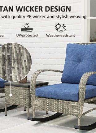 3 Piece Wicker Patio Furniture Set, Outdoor PE Rattan Rocking Chairs with Coffee Table, Cushions for Porch, Gray