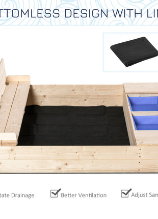 Kids Wooden Sandbox w/ Two Plastic Boxes Foldable Bench Seat Waterproof Cover Bottom Liner Storage Space