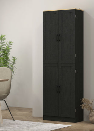 Freestanding Kitchen Pantry, 4-Door Kitchen Pantry Cabinet with Adjustable Shelves and Doors, Distressed Black