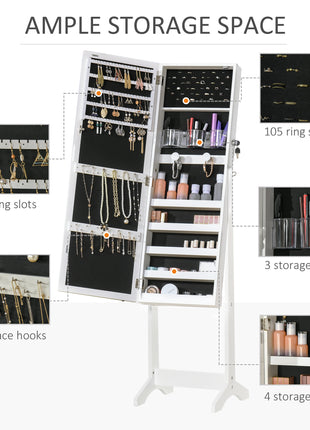 60" Full-Length Mirror Jewelry Storage Armoire w/ Lockable Door & Key, White