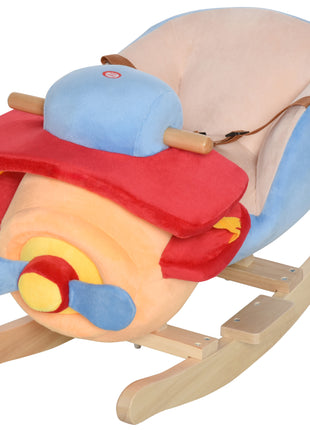 Kids Rocking Horse, Wooden Plush Ride-on Plane Chair Toy with Lullby Song and Seat Belt for 18 Month +