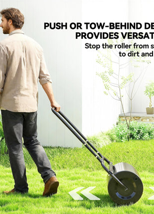 20-Inch Push/Tow Behind Lawn Roller Filled with 10 Gal Water or Sand for Flattening Sod in the Garden, Black