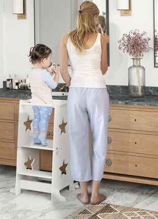 2 in 1 Toddler Tower with Safety Rail for Bathroom, Sink, Kitchen or Counter, White