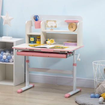 Wooden Kids Study Desk, Height Adjustable Children School Study Table, Student Writing Desk with Tilt Desktop, Pink