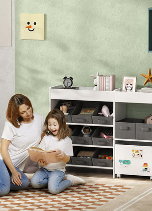 Kids Toy Storage Organizer with 11 Bins, Moveable Cabinet, Top Shelves, 3 Stickers, for Nursery, Playroom, White