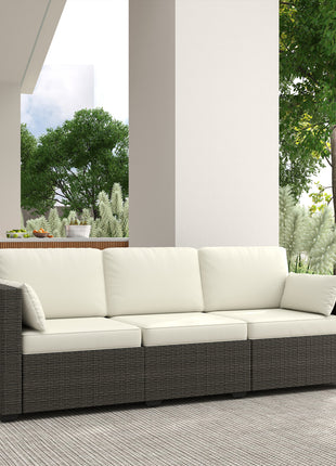Patio Couch PE Wicker Deep Seating Outdoor Sofa with Removable Cushions, 3 Seater Rattan Sofa, Outdoor Furniture for Balcony, Deck, Garden and Poolside, Cream White