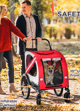 2-in-1 Pet Bike Trailer for Small Medium Dogs, Road-Visibility Dog Stroller Bicycle Carrier, Weather-Strong Bike Wagon Trailer Sidecar Attachment, Red