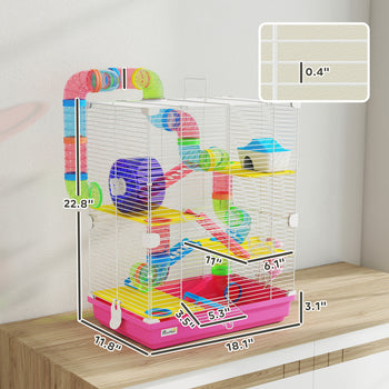 5 Tiers Hamster Cage Portable Animal Travel Carrier w/ Exercise Wheels Tube, Pink