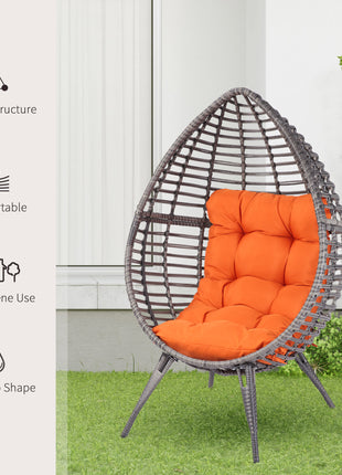 Patio Wicker Egg Chair w/ Soft Cushion, Teardrop Cuddle Seat, Outdoor / Indoor Patio Chair, PE Plastic Rattan Furniture with Adjustable Height Feet Pads, Orange