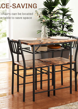 3-Piece Small Dining Table Set for 2, Kitchen Table and Chairs with Storage Rack and Steel Frame, Brown