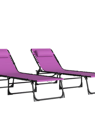2 Folding Chaise Lounge Pool Chairs with 4-Position Reclining Back, Pillow, Breathable Mesh & Bungee Seat, Purple