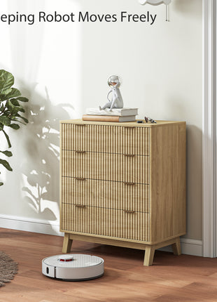 4 Drawer Double Dresser for Bedroom, Fluted Chest of Drawers with Gold Finger Pulls and 4 Wood Legs, Natural Wood