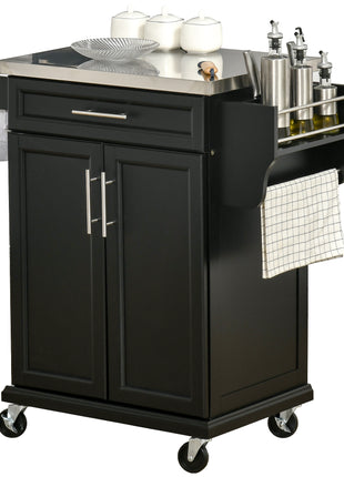 Kitchen Island on Wheels, Rolling Kitchen Cart with Stainless Steel Countertop, Drawer, Towel Rack and Spice Rack, Utility Storage Trolley, Black