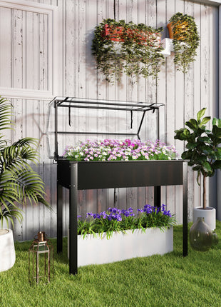Elevated Garden Box with Greenhouse Cover, Raised Garden Bed with Legs and Drainage Hole for Vegetables, Black