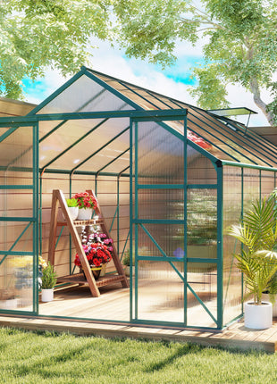 16' x 8' Aluminum Greenhouse Polycarbonate Walk-in Garden Greenhouse Kit with Adjustable Roof Vent, Rain Gutter and Sliding Door for Winter, Clear
