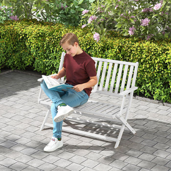 2-Person Foldable Wood Outdoor Bench with Backrest and Armrests for Garden, Porch, Park, Balcony, White