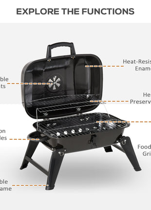 14" Portable Grill, Small Charcoal Grill for Outdoor Cooking, BBQ, Camping, Enamel Coated, Folding Legs, Black