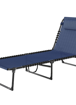 Folding Chaise Lounge Pool Chair with 4-Position Reclining Back, Pillow, Breathable Mesh & Bungee Seat, Dark Blue