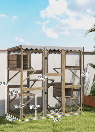Outdoor Cat Enclosure with Window Access, 5 Platforms and 2 Resting Boxes, Waterproof Roof for Multiple Cats, Brown