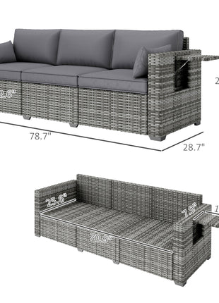 3 Seater Wicker Sofa with Side Trays, Outdoor Patio Couch with 6" Thick Back Cushions, Deep Seating, Mixed Gray