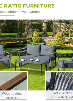4 Piece Patio Furniture Set, Aluminum Conversation Set, Outdoor Garden Sofa Set with Armchairs, Loveseat, Center Coffee Table and Cushions, Dark Grey