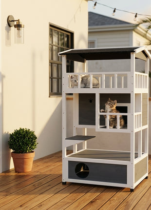 Wooden Outdoor Cat House, Feral Cat Shelter Kitten Condo with Asphalt Roof, Escape Doors, Condo, Jumping Platform, Gray