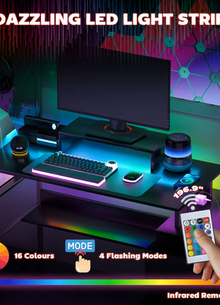 56" Computer Desk with Storage, Computer Table with Power Outlets and LED Lights, Black