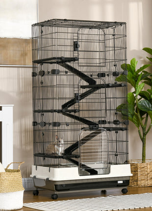 6-tier Platform Rolling Small Animal Rabbit Cage with a Large Living Space, Black