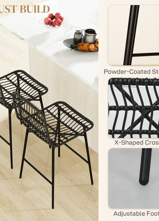 Rattan Counter Bar Stools Set of 2, 26" Counter Height Barstools with Back, Bar Chairs for Kitchen Island, Black