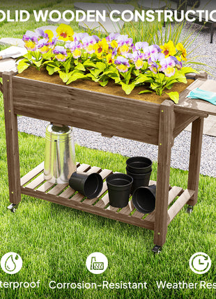 Wood Raised Planter Box, Elevated Garden Bed with Lockable Wheels, Side Tables, Bottom Shelf, Drain Holes, Carbonized