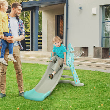 2 in 1 Kids Slide with Basketball Hoop, Foldable Toddler Freestanding Slider Playset, for 18 months -4 Years Deer Shaped, Includes Basketball, Pump - Blue