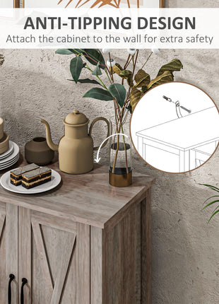 Sideboard Buffet with 4 Barn Doors and 2 Adjustable Shelves, Kitchen Buffet Cabinet for Living Room, Hallway, Gray
