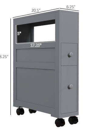Space Saving Narrow Bathroom Storage Cabinet, Bath Toilet Paper Holder with Drawers and Rolling Wheels, Gray