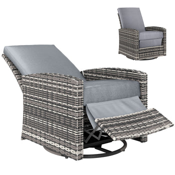 Outdoor Wicker Swivel Recliner Chair, Reclining Backrest, Lifting Footrest, 360° Rotating Basic, Water Resistant Cushions for Patio, Gray