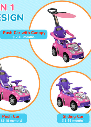 3 in 1 Push Car Sliding Car with Removable Handle, Music, Horn, Canopy, Safety Guardrail, Pink