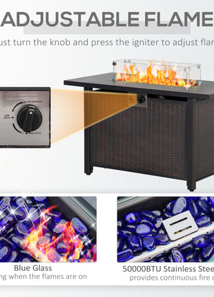 43 Inch Outdoor Propane Gas Fire Pit Table, 50,000 BTU Auto-Ignition Rectangular Wicker-effect Gas Firepit with Glass Wind Guard, Lid, Glass Beads, Steel Base, CSA Certification, Bronze