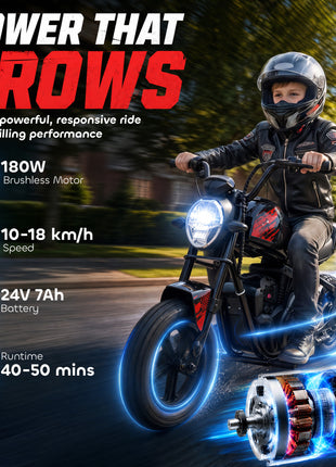 24V Kids Electric Motorcycle with 180W Motor, 12" Rubber Tires, Up to 11MPH, Twist Throttle for Ages 6-12, Black