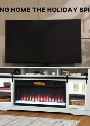 Fireplace TV Stand for TVs Up to 80 Inch, TV Console with Electric Fireplace, Open Storage and Side Cabinets, White