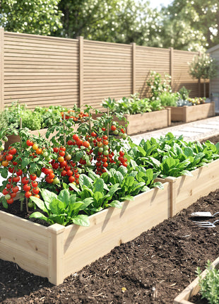 96" x 24" x 10" Wooden Raised Garden Bed with 2 Planter Boxes and Non-woven Fabric Liner for Patio, Natural