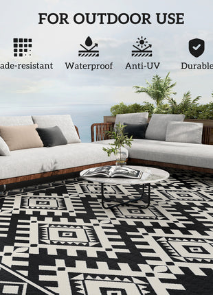 Reversible Outdoor Rug, Waterproof Plastic Straw with Carry Bag, 9' x 18', Black & White Rhombus Border