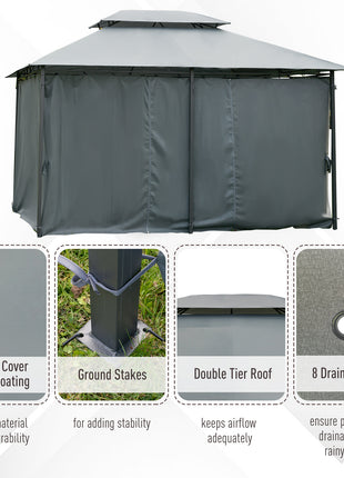 10' x 13' Outdoor Soft Top Gazebo Pergola with Curtains, 2-Tier Steel Frame Gazebo for Patio, Sage Gray