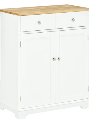 Kitchen Storage Cabinet, Sideboard Floor Cupboard with Solid Wood Top, Adjustable Shelf, and 2 Drawers for Living Room, and Hallway, White