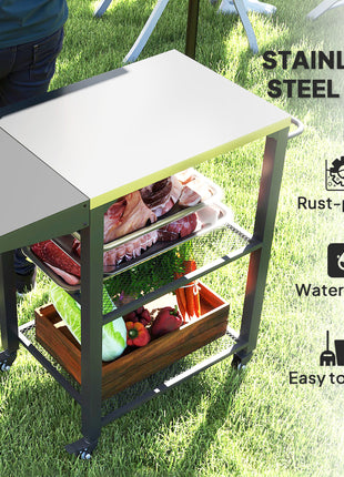 Three-Shelf Outdoor Grill Cart Table with Foldable Side Table, Stainless Steel Top Pizza Oven Stand with Hooks, Silver