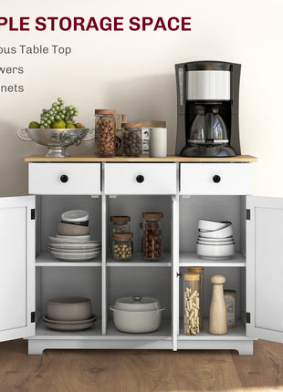 Kitchen Storage Cabinet, Sideboard Floor Cupboard with Solid Wood Top, Adjustable Shelf, and 3 Drawers, White