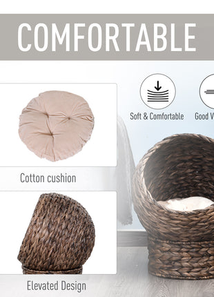Handwoven Elevated Cat Bed with Rotating Basket and Soft Cushion, Wicker Cat Egg Chair with Stand, Brown