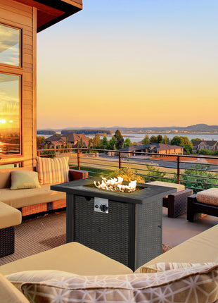 30 Inch Outdoor Propane Gas Fire Pit Table, 50,000 BTU Auto-Ignition Square Wicker-effect Gas Firepit with Ceramic Tabletop, Lid, Lava Rocks & Rain Cover, CSA Certification